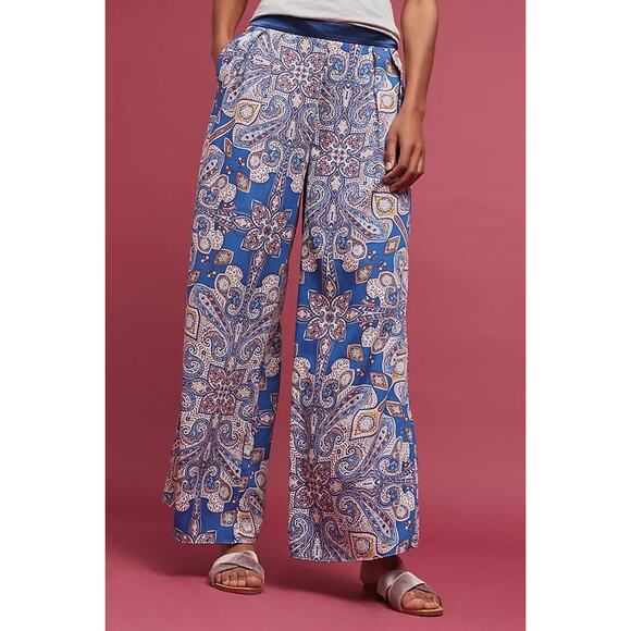 Anthropologie Elevenses Ines Blue Paisley Print Wide Leg Flowy Boho Pants Size L - Picture 3 of 15